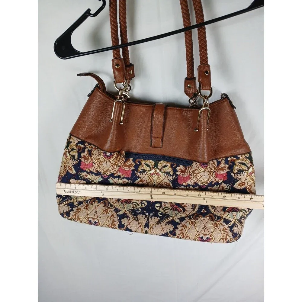 Black Rivet Floral Tapestry Shoulder Bag with Brown Leather Trim